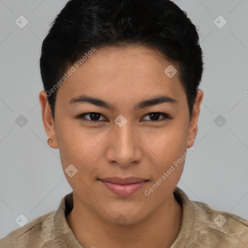 Joyful asian young-adult female with short  brown hair and brown eyes