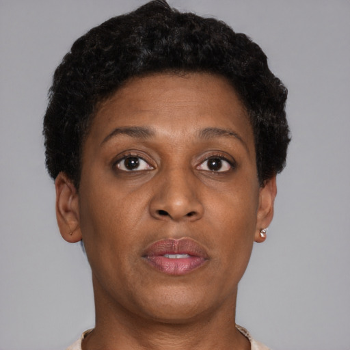 Neutral black young-adult female with short  brown hair and brown eyes