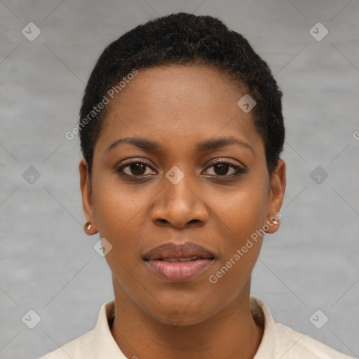 Joyful black young-adult female with short  black hair and brown eyes