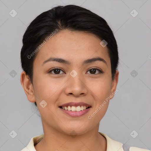 Joyful asian young-adult female with short  brown hair and brown eyes