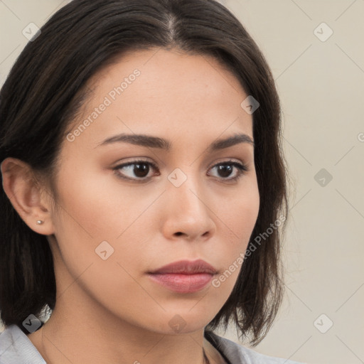 Neutral white young-adult female with medium  brown hair and brown eyes