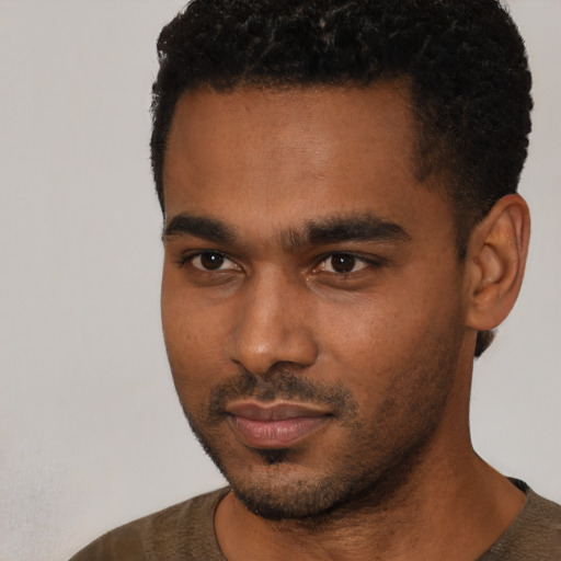 Neutral black young-adult male with short  black hair and brown eyes