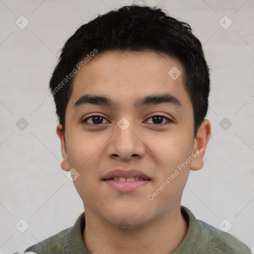 Joyful latino young-adult male with short  black hair and brown eyes