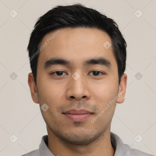 Neutral asian young-adult male with short  black hair and brown eyes