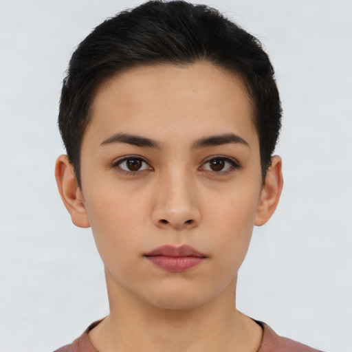 Neutral asian young-adult female with short  black hair and brown eyes