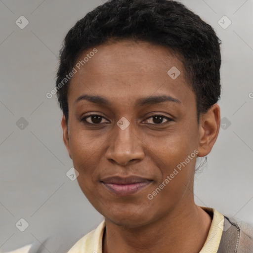 Joyful latino young-adult female with short  black hair and brown eyes