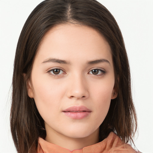 Neutral white young-adult female with long  brown hair and brown eyes