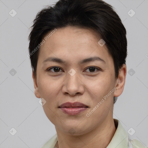Joyful white adult female with short  brown hair and brown eyes