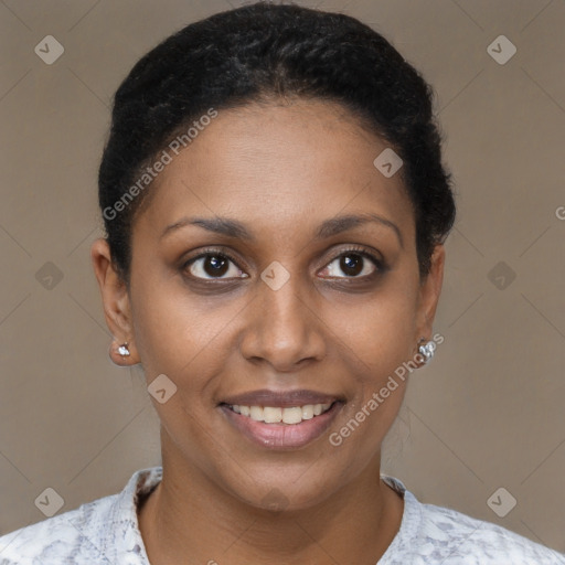 Joyful black young-adult female with short  brown hair and brown eyes