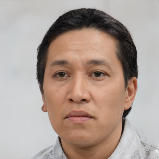 Neutral asian adult male with short  black hair and brown eyes