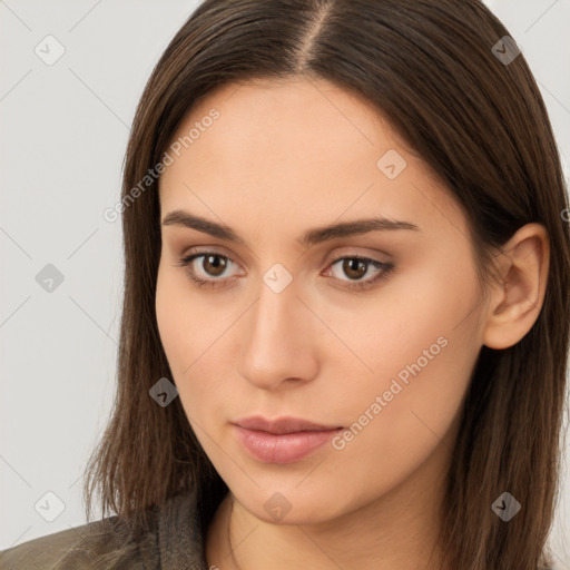 Neutral white young-adult female with long  brown hair and brown eyes