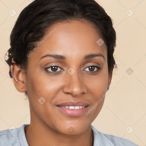 Joyful latino young-adult female with short  brown hair and brown eyes