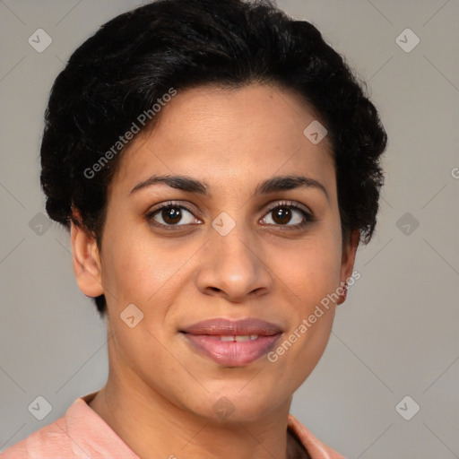 Joyful latino young-adult female with short  brown hair and brown eyes