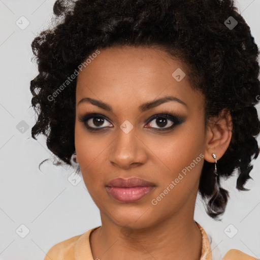 Joyful black young-adult female with medium  black hair and brown eyes