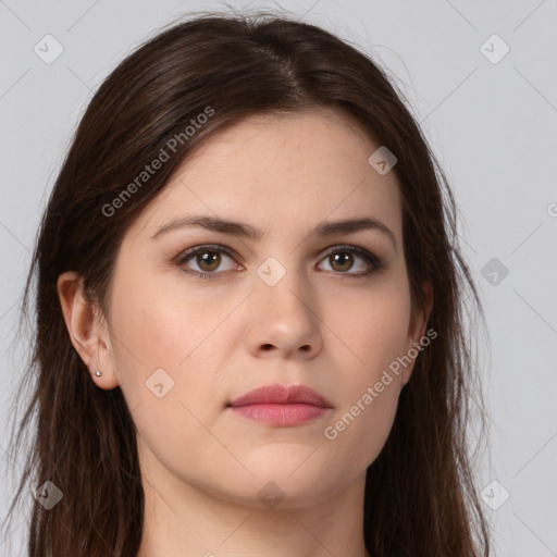 Neutral white young-adult female with long  brown hair and brown eyes