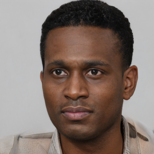 Neutral black young-adult male with short  black hair and brown eyes