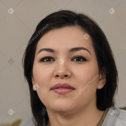 Joyful white young-adult female with medium  black hair and brown eyes