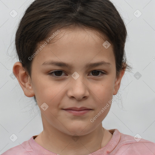 Joyful white child female with short  brown hair and brown eyes