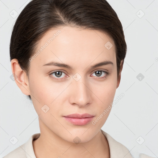 Neutral white young-adult female with short  brown hair and brown eyes