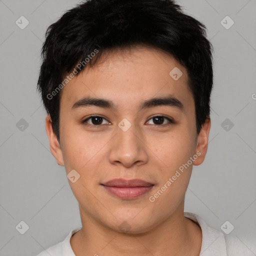 Joyful asian young-adult male with short  brown hair and brown eyes