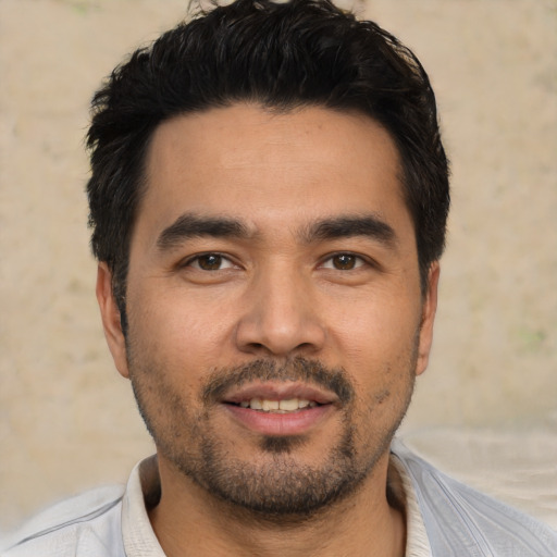 Neutral asian young-adult male with short  black hair and brown eyes