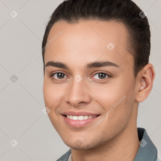 Joyful white young-adult female with short  brown hair and brown eyes