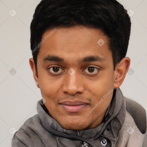 Joyful black young-adult male with short  black hair and brown eyes