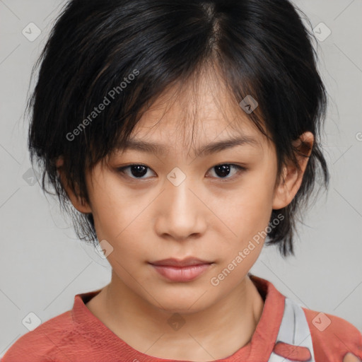 Neutral asian young-adult female with medium  brown hair and brown eyes