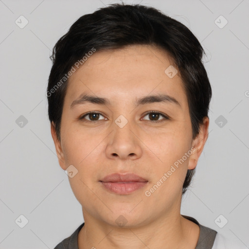 Neutral asian young-adult female with short  black hair and brown eyes