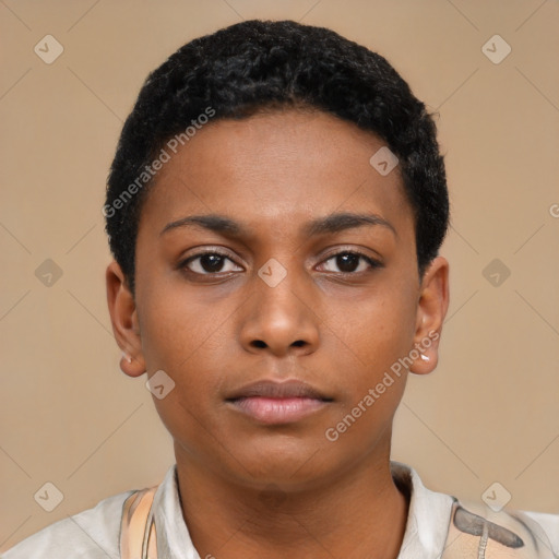 Neutral black young-adult female with short  black hair and brown eyes