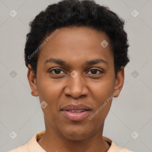 Joyful black young-adult female with short  black hair and brown eyes