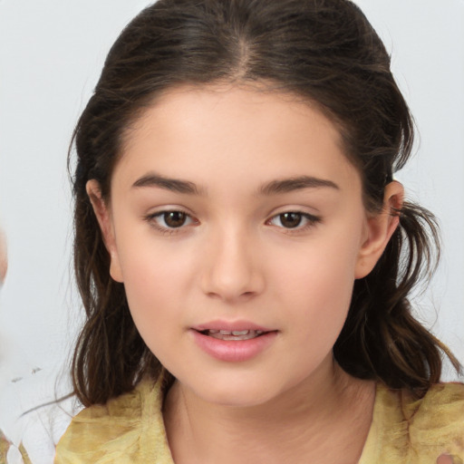 Joyful white child female with medium  brown hair and brown eyes