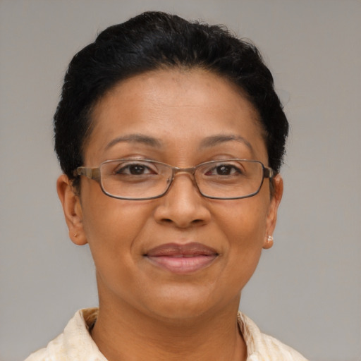 Joyful latino adult female with short  brown hair and brown eyes