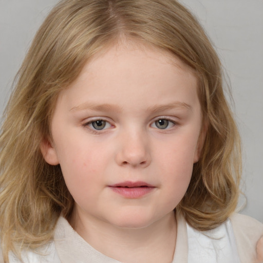 Neutral white child female with medium  brown hair and blue eyes