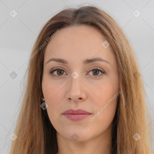 Neutral white young-adult female with long  brown hair and brown eyes