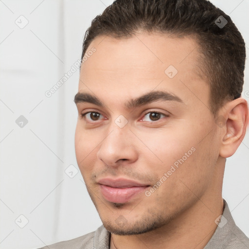 Neutral white young-adult male with short  brown hair and brown eyes