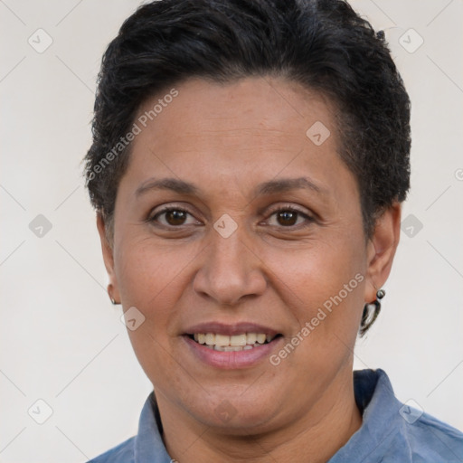 Joyful white adult female with short  brown hair and brown eyes