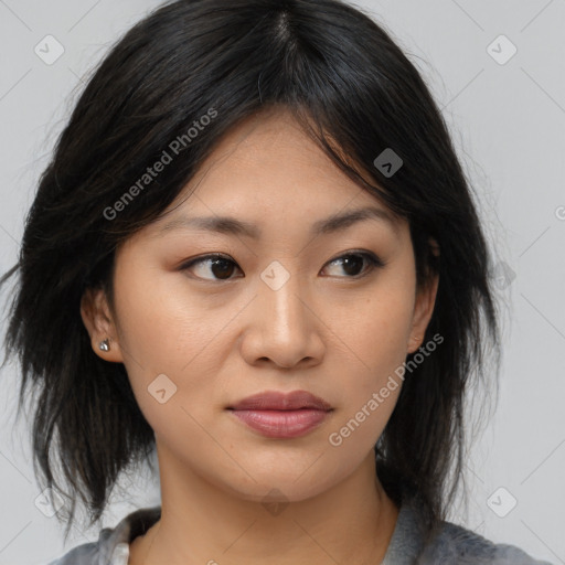 Neutral asian young-adult female with medium  black hair and brown eyes