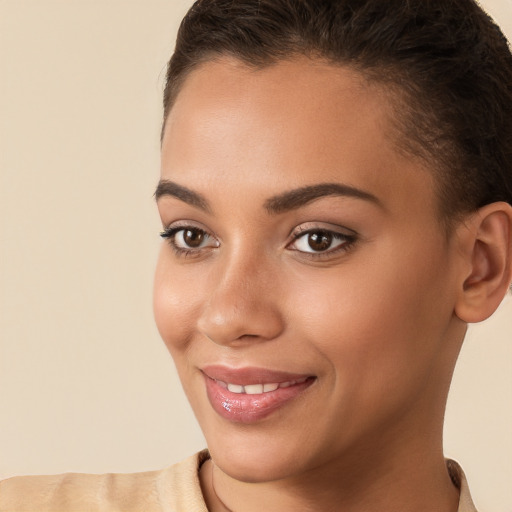 Joyful white young-adult female with short  brown hair and brown eyes