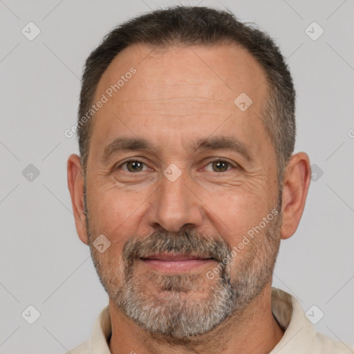 Neutral white middle-aged male with short  brown hair and brown eyes