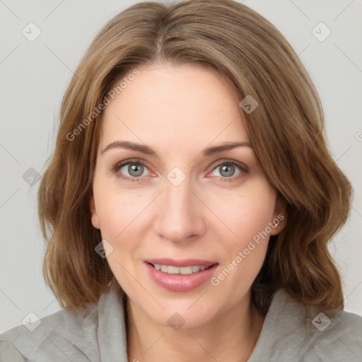 Joyful white young-adult female with medium  brown hair and green eyes