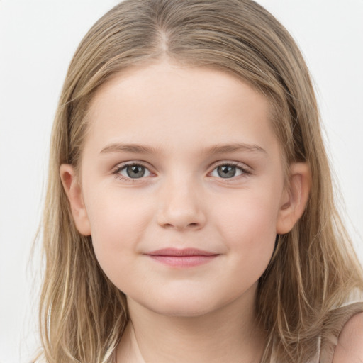 Joyful white child female with medium  brown hair and grey eyes