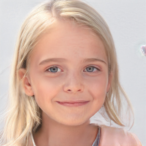 Joyful white child female with medium  blond hair and blue eyes