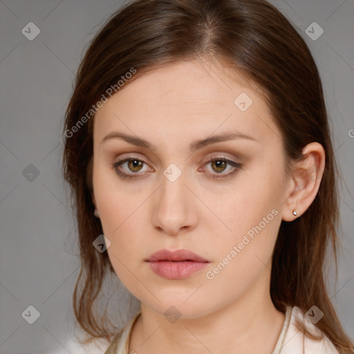 Neutral white young-adult female with medium  brown hair and brown eyes