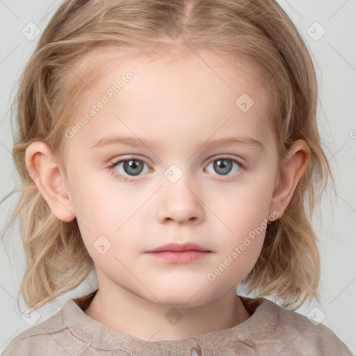 Neutral white child female with medium  brown hair and blue eyes