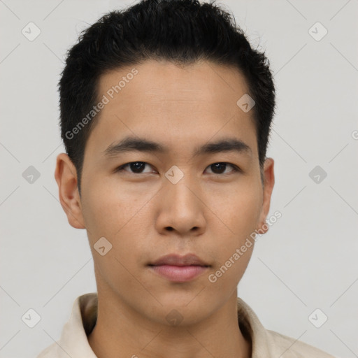 Neutral asian young-adult male with short  brown hair and brown eyes