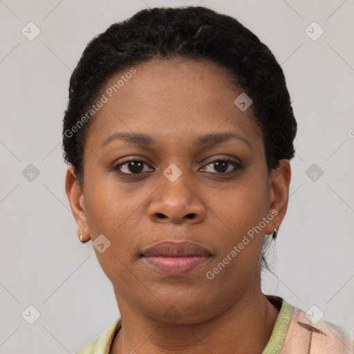 Neutral black young-adult female with short  brown hair and brown eyes