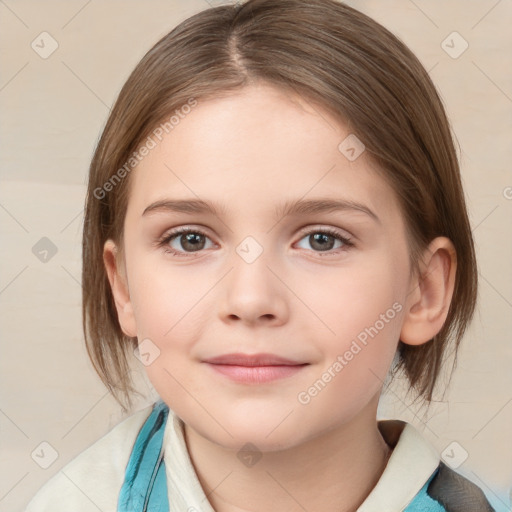 Joyful white child female with medium  brown hair and brown eyes