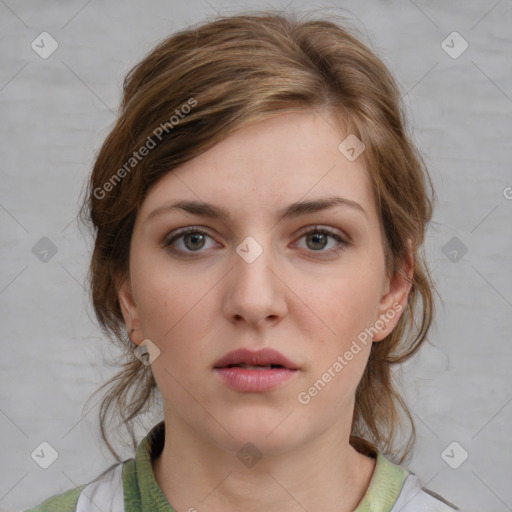 Neutral white young-adult female with medium  brown hair and grey eyes