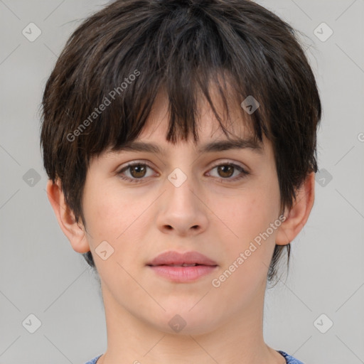 Neutral white young-adult female with medium  brown hair and brown eyes